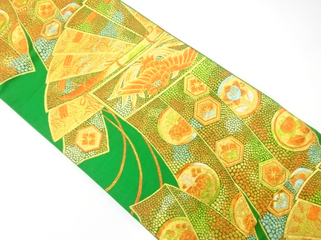 JAPANESE KIMONO / ANTIQUE FUKURO OBI / SILK / WOVEN FOLDING FAN PATTERN